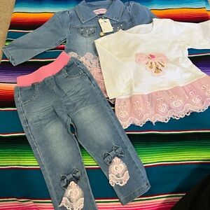 Toddler Denim Jacket & Pink Lace Top with Embellished Jeans